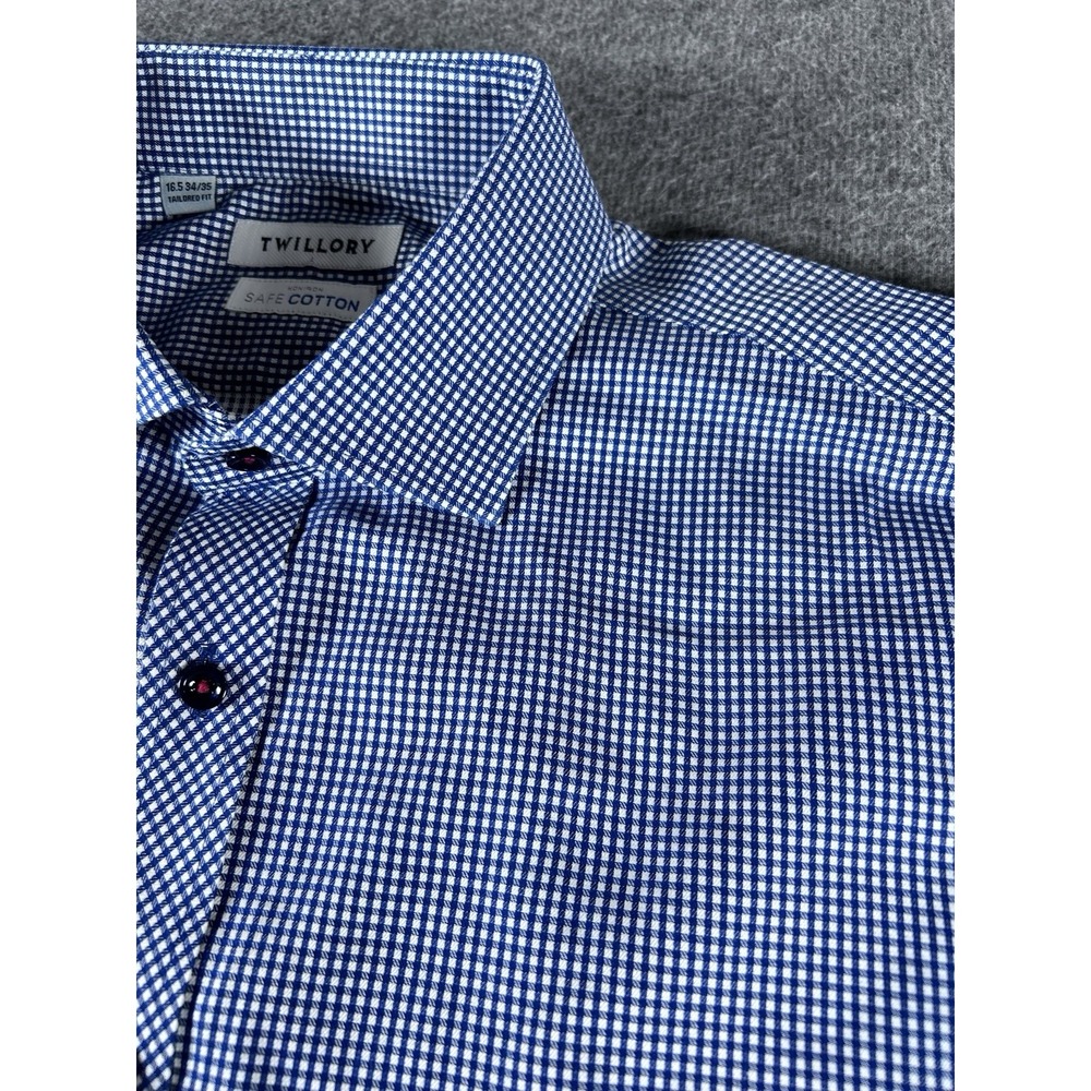 TWILLORY Mens 16.5 34/35 Blue Check Tailored Fit Long Sleeve Button Down Shirt